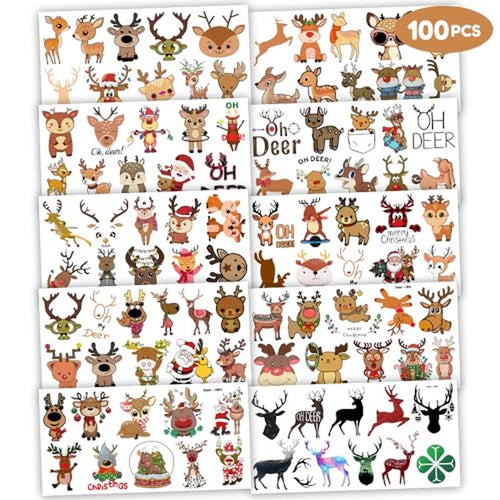 100 PCS Cute Reindeer Temporary Tattoos for Kids