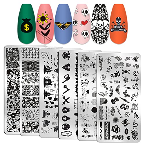 WOKOTO 6Pcs Holloween Nail Stamping Plates For Nails Snakes Skulls Witch Pumpkin Spider Nail Art Diy Stamp Plates Kit For Women Nail Art Plates Nail Designs Stamp Plates Nail Stamping Kit Tools