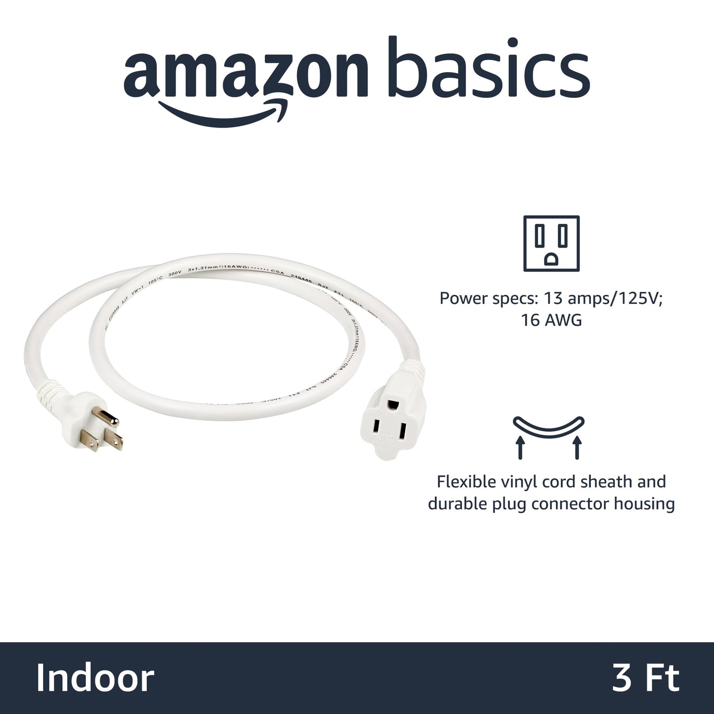 Amazon Basics Power Extension Cord, 3 Feet, 13 Amps, 125V, White