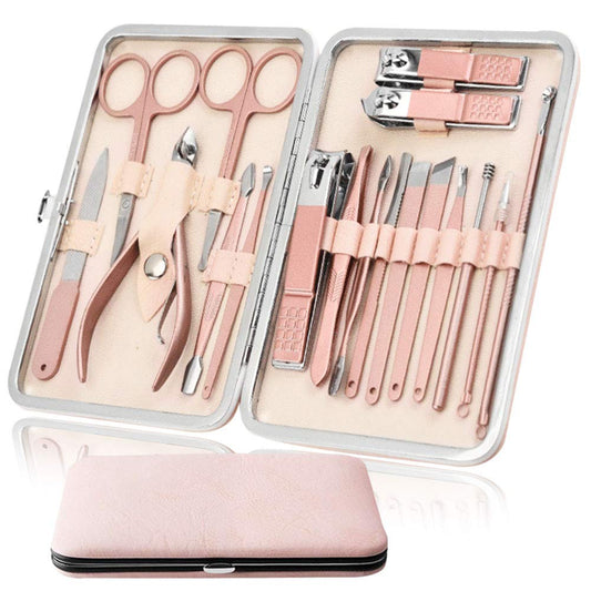 Manicure Set Pedicure Kit Nail Clippers Set Fingernails & Toenails Vibrissac Scissor 18 Pieces Best Care Grooming Tools for Man & Women Gift with Case (Pink_18in1)