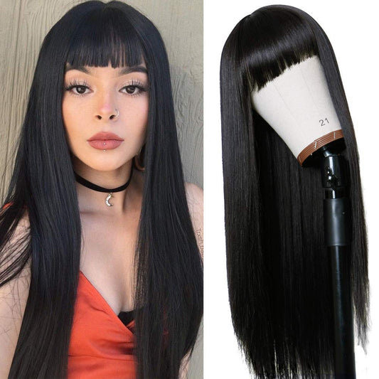 TIMANZO Long Straight Remy Hair Wigs Natural Black Heat Resistant Fiber Hair Full Machine Wig with Bangs Cosplay Party Wig For Fashion Women(24 Inches Natural Black Hair)