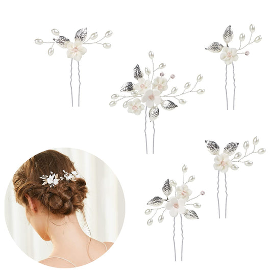 Bridal Hair Pins, Elegant Pearl Hair Pins Wedding Hair Grips, Flower Rhinestone Hairpin for Bridal Bridesmaid, Hair Accessories for Women Girls, Wedding and Ball (Pack of 5)