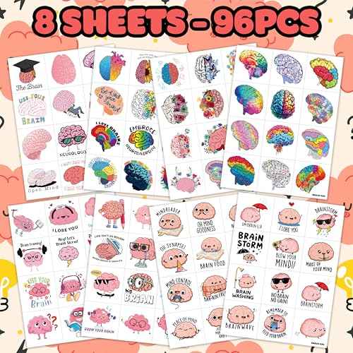 96PCS Cute Brain Temporary Tattoos Themed Birthday Party Favors Decorations Supplies Funny Human Anatomy Body Part Tattoo Stickers Gifts for Boys Girls Kids School Classroom Prizes Carnival Christmas