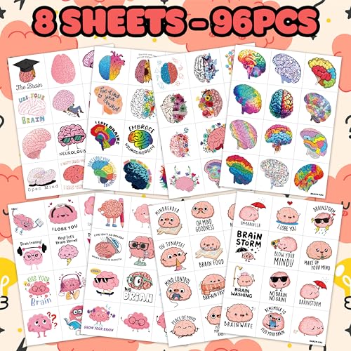 96 Brain Temporary Tattoos for Kids - Party Favors & Classroom Prizes