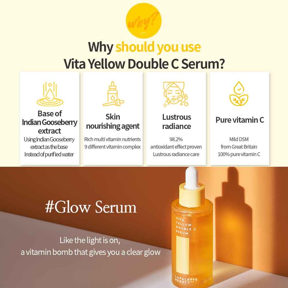 LAPALETTE Vita Yellow Double C Serum | Indian Gooseberry & 9 Essential Vitamins | Nourishing & Skin Firming Effects | Antioxidant Benefits | Korean Skincare 1.18 Fl.oz