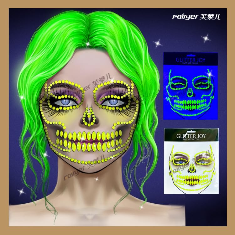 Sugar Skull Face Gems Rhinestone Temporary Tattoos - 2 Pack