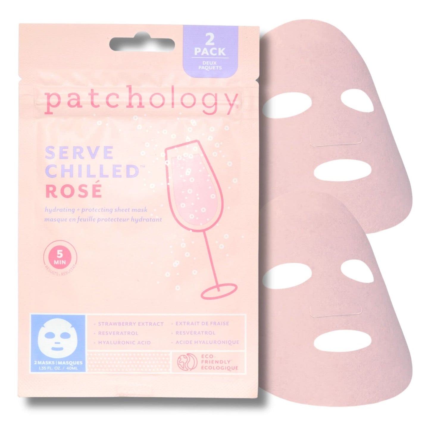 Patchology Serve Chilled Rosé Facial Sheet Mask - Hydrating Skin Care Treatment, Soothing Face Mask with Hyaluronic Acid, Skin Care Mask for Glowing Skin, Self Care Spa Treatment - 2 Pair