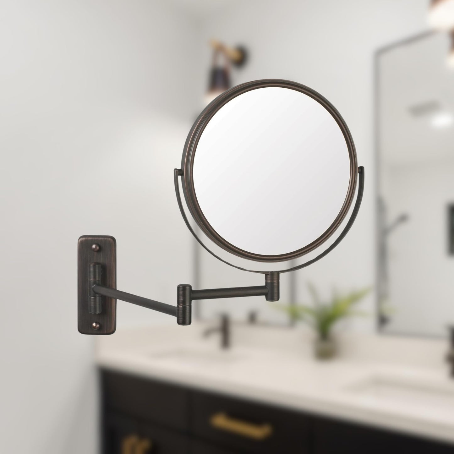 JERDON Two-Sided Wall-Mounted Makeup Mirror - Makeup Mirror with 5X Magnification & Wall-Mount Arm - 8-Inch Diameter Mirror with Bronze Finish Wall Mount - Model JP7506BZ