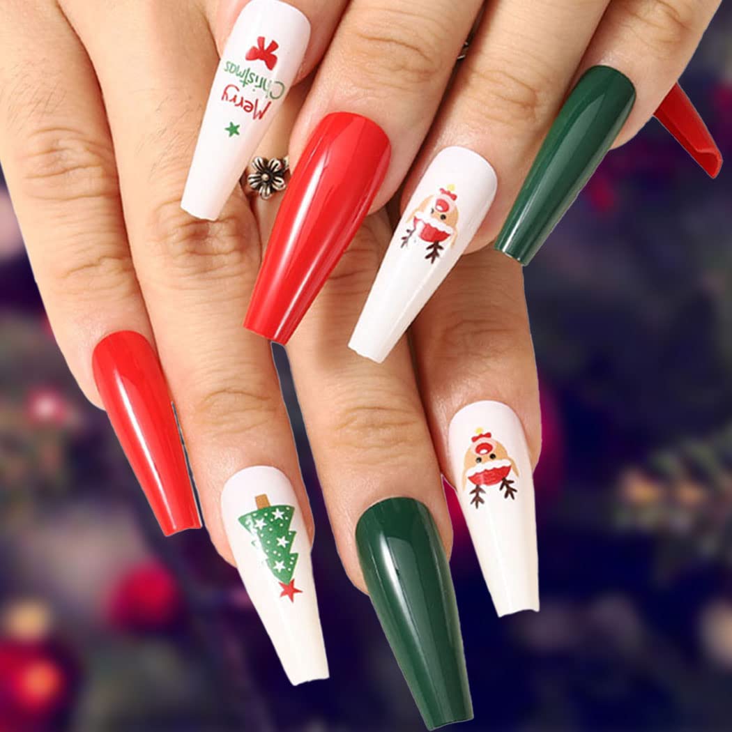 Uranian Coffin Extra Long Press on Nails Snowflake Red Christmas Fake Nails Elk Ballerina Glossy Full Cover False Nails Santa Claus Acrylic Nails Tips for Women and Girls 30 PCS (Pattern-A)