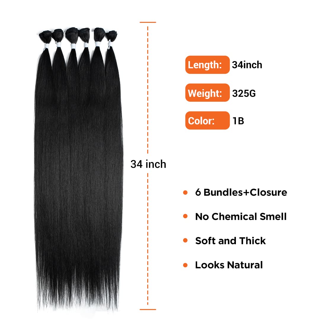 Noble Star Natural Black Color 6 Synthetic Hair Bundles with 1 Hand-Tied Closure 325G Long Yaki Straight Weft Weave Swiss Lace Hair Extension Heat Resistant