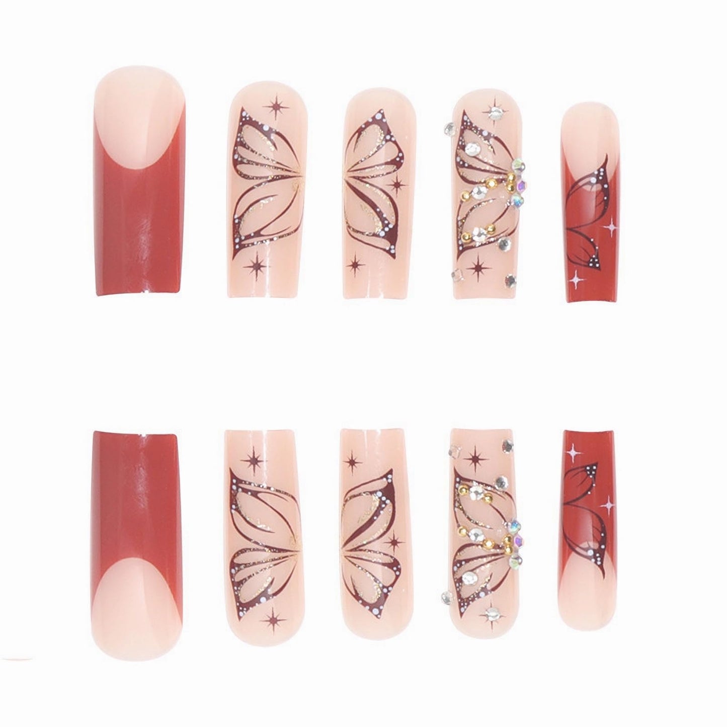 BABALAL French Tip Press on Nails Long Square Fake Nails Brown Glue on Nails Butterfly Design Rhinestone Shiny Y2k Acrylic Nails 24Pcs Squoval Manicure False Nails for Women and Girls