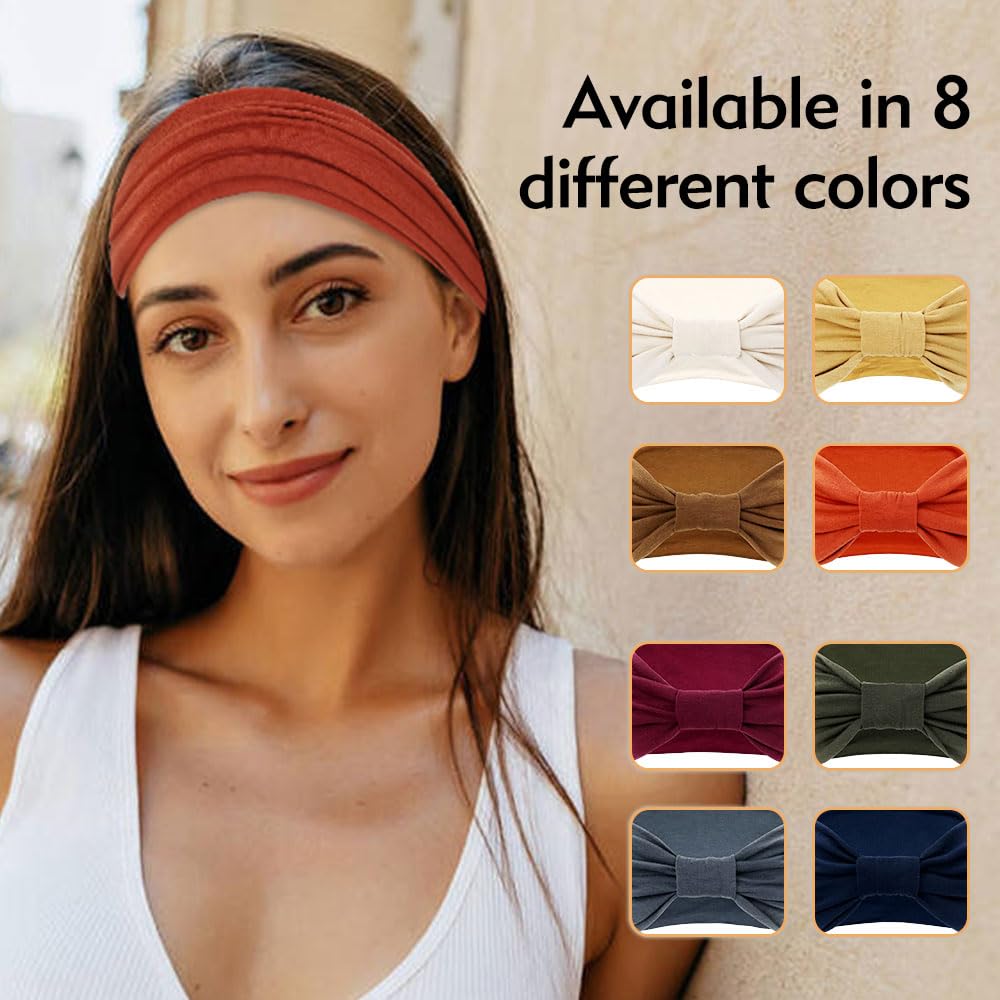 Dizila 8 Pieces Solid Soft Stretchy Boho Wide Headbands Running Yoga Gym Sports Turban Headwraps Hair Bands Accessories for Women Girls