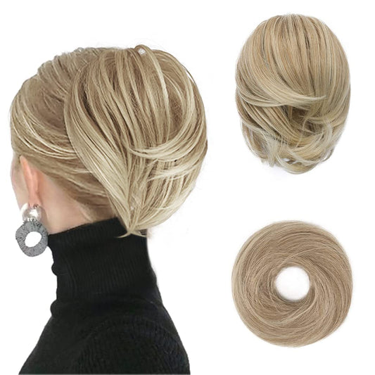 BARSDAR Hair Bun Ponytail Extension, Straight Synthetic Hairpiece Fully Short Ponytail Bun Extensions Hair Accessories Elastic Easy Scrunchie for Women (Light Ash Blonde mix Bleach Blonde)