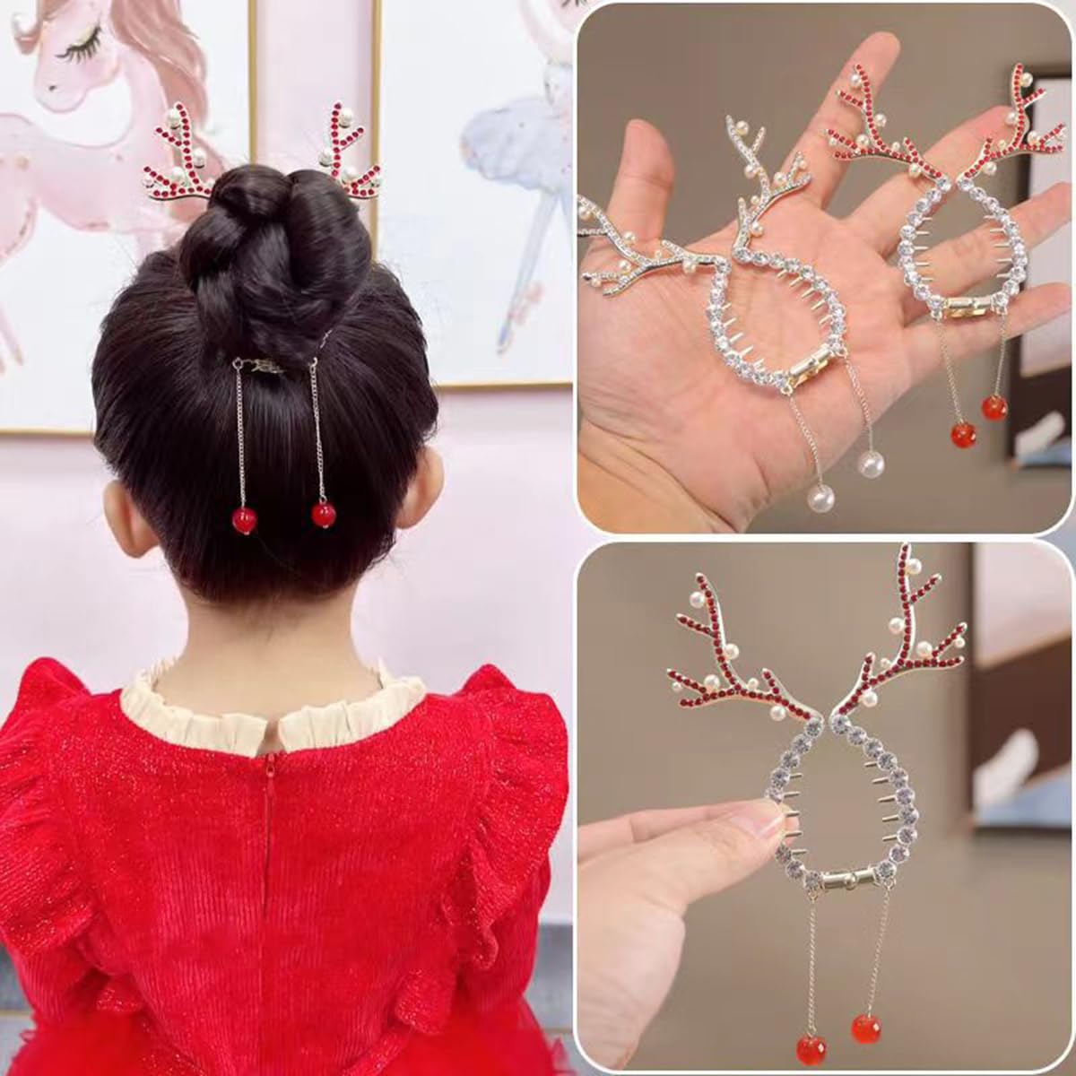 2Pcs Christmas Hair Clips Winter Reindeer Ponytail Bun Holder Metal Elk Hair Claw Clip for Ponytail Hairstyle Christmas Hair Accessories with Rhinestone Pearl Design Reindeer Claw Clips for Women Kids