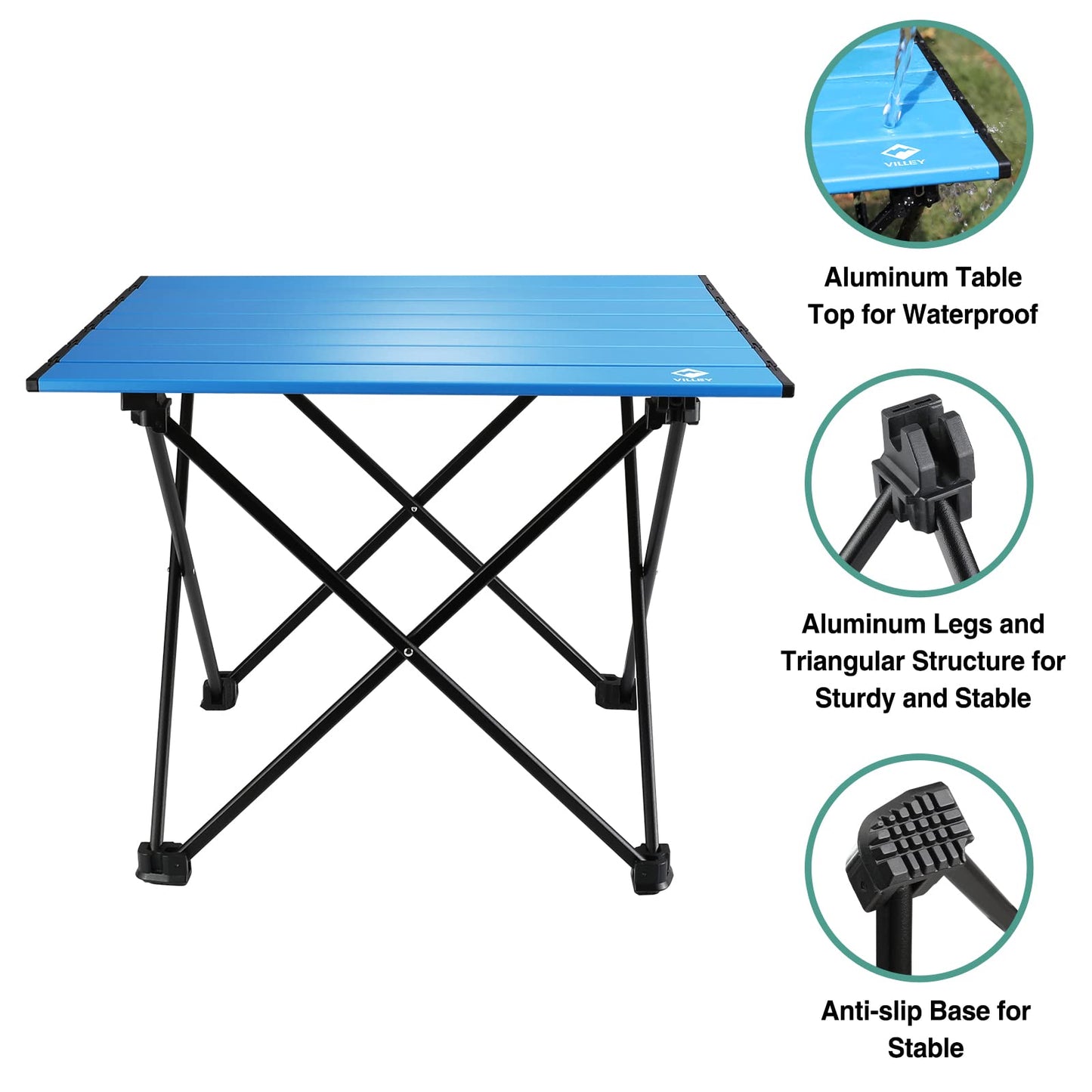 VILLEY Portable Camping Side Table, Ultralight Aluminum Folding Beach Table with Carry Bag for Outdoor Cooking, Picnic, Camp, Boat, Travel - Blue