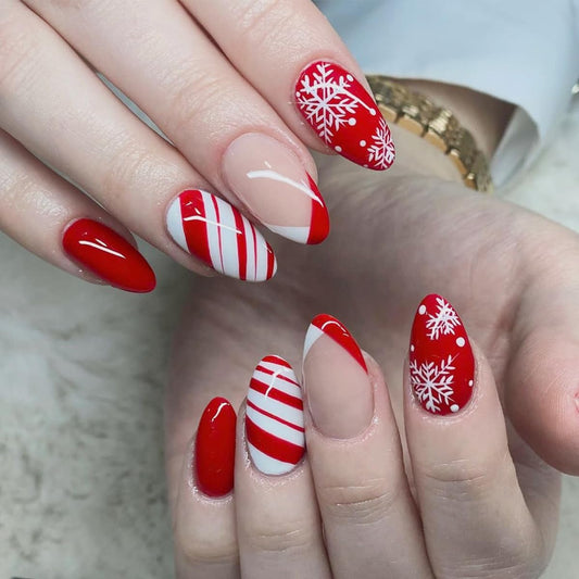 24pcs Christmas Press on Nails Medium Almond Fake Nails Snowflake Winter Xmas Nails Press on Red White Stripes with Designs Acrylic Full Cover Glossy Glue on Nails Artificial Nails Christmas for Women