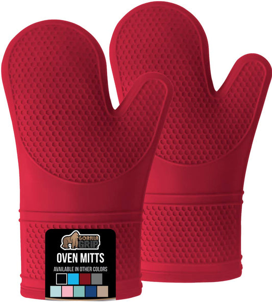 Gorilla Grip Heat and Slip Resistant Silicone Oven Mitts Set, Soft Cotton Lining, Waterproof, BPA-Free, Long Flexible Thick Gloves for Cooking, BBQ, Kitchen Mitt Potholders, 12.5 in, Red