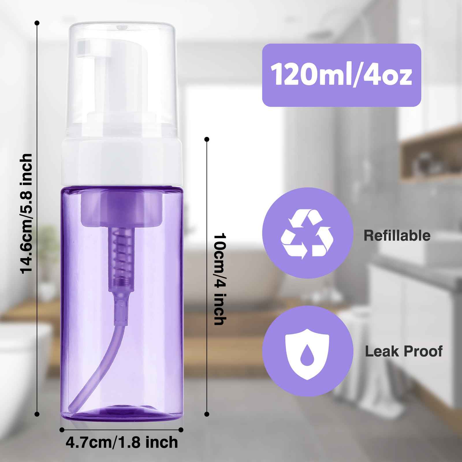 Foam Pump Bottle, 4oz Leak Proof Foaming Soap Dispenser Plastic Refillable Foam Bottles for Shampoo, Hand Soap, Body Wash, Face Wash