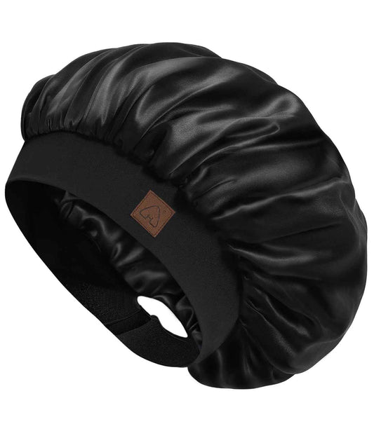 Hat Hut Satin Bonnet Silk Bonnet Sleep Cap for Women Hair Bonnet for Curly Natural Hair Sleeping Adjustable Wide Band Double Layer (Black)