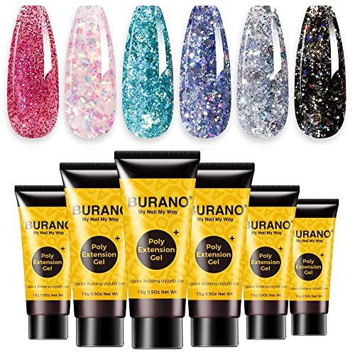 BURANO 6-Color Poly Extension Gel Kit - Glitter Builder Gel Starter Set