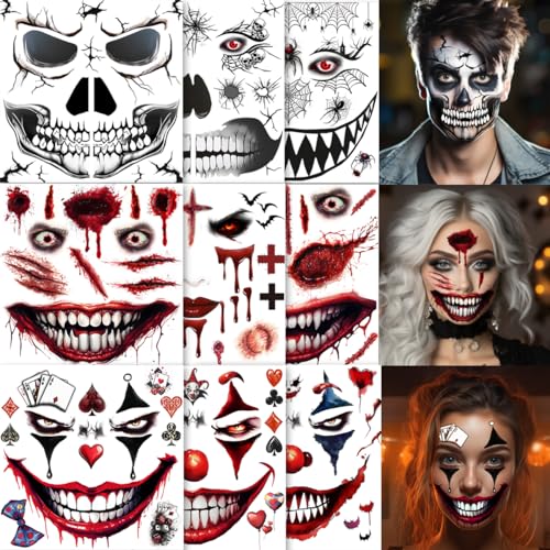 Halloween Face Tattoos - Skeleton Clown Zombie Makeup Kit