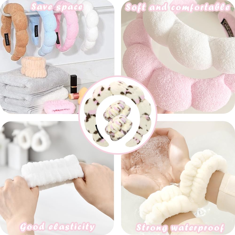 Spa Headbands for Washing Face Wristband Set Sponge Makeup Skincare Headband Wrist Towels Bubble Soft Terry Towel Cloth Hairband for Women Puffy Headwear Non Slip Thick Thin Hair Headwear