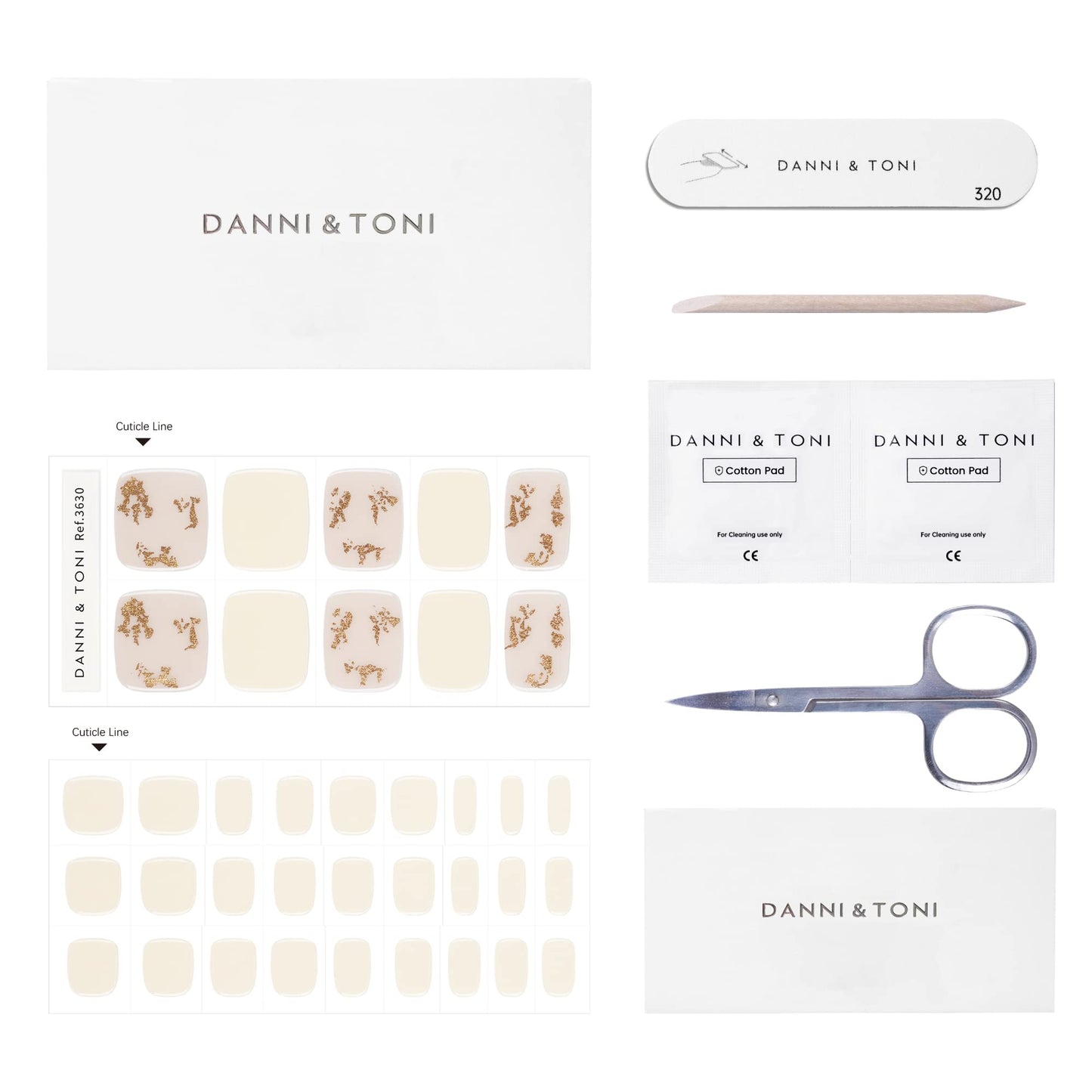 DANNI & TONI Semi Cured Gel Toenail Strips Nude (Sun-Kissed Glow) Natural Gel Toenail Stickers Gold Foil Toenail Polish Strips 37 Stickers