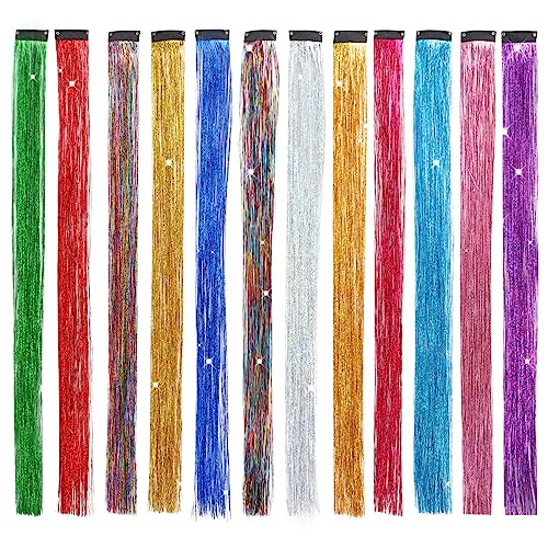 LOMIMOS 12pcs Colorful Hair Tinsel Clip, Sparkle Shiny Highlight Synthetic Extension Strand with Clip On Hair for Party Dazzle Christmas New Year Halloween Festival Cosplay Women Girl Kid 19.7”