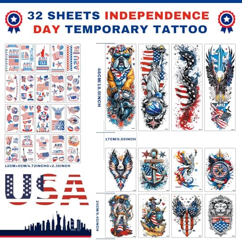 32 Patriotic Temporary Tattoos, Red White Blue USA Flag 4th July