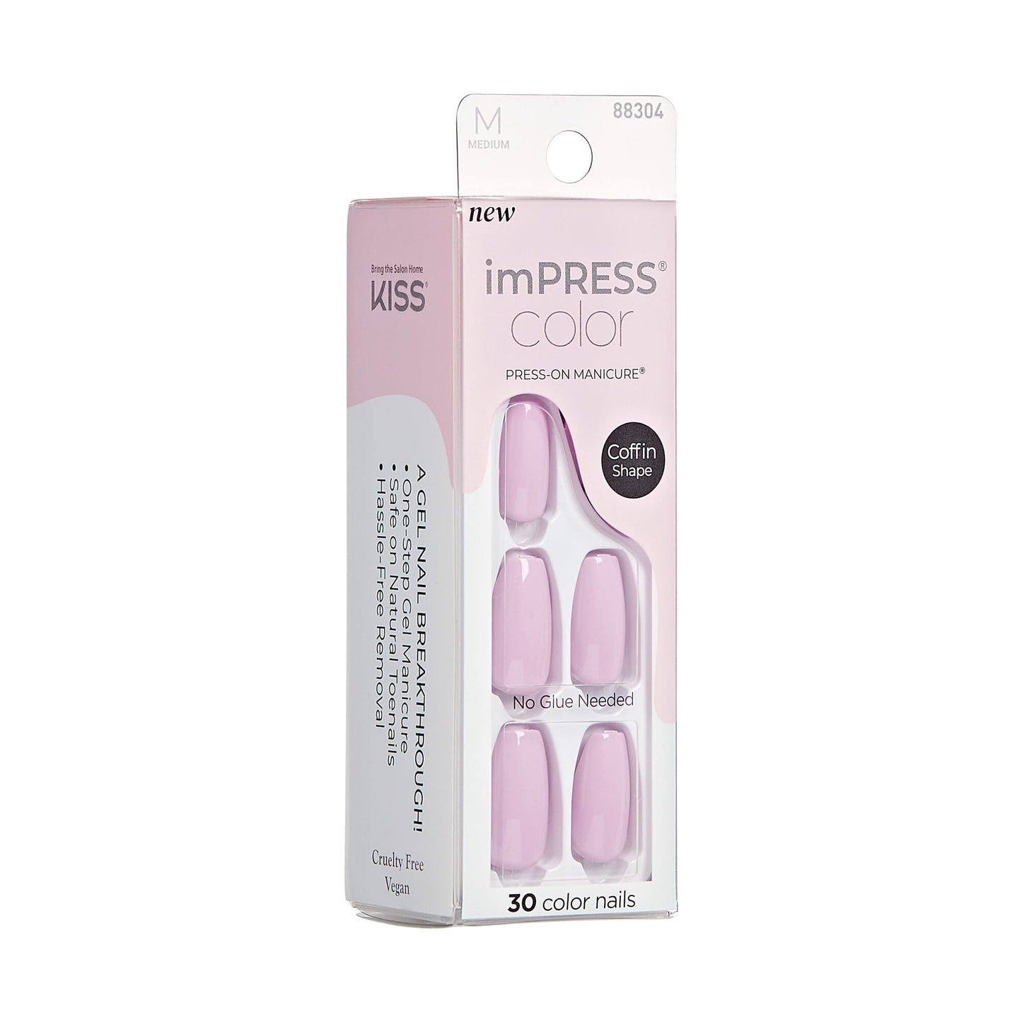 KISS imPRESS Color No Glue Mani 30 Pcs Press On Nails, Light Pink, Lavender, Medium Size, Coffin Shape, Simple Peel & Press Easy Apply, Hassel-Free Removal, Essential Tools Included