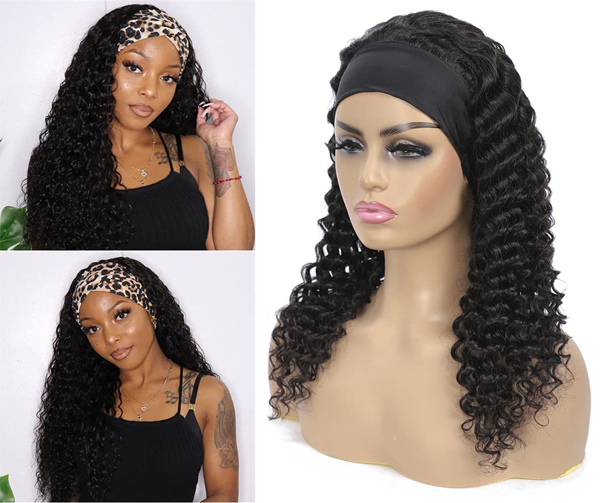 WENYAN Headband Wig Human Hair Deep Wave 16 Inch Wigs for Black Women Glueless None Lace Front Curly Wave Wig Brazilian Virgin Hair Wear and Go Wigs Machine Made 150% Density Wigs Natural Color