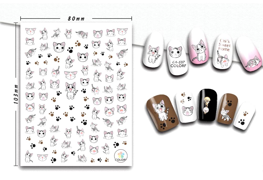 6 Sheets Cute Cat Nail Art Stickers Cartoon Nail Decals 3D Nail Art Supplies Self-Adhesive Cat Cartoon Designer Nail Stickers Manicure Tips Acrylic Nails Decoration Accessories for Women Kids Girls