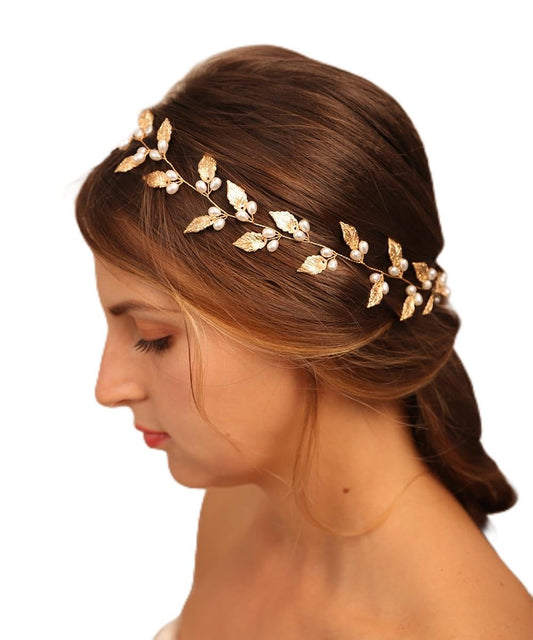 YERTTER Wedding Long Pearl Hair Vine Bridal Vintage Leaf Crystal Headband Wedding Hair Accessories Handmade Headpieces for Brides Women and Girls (Gold)