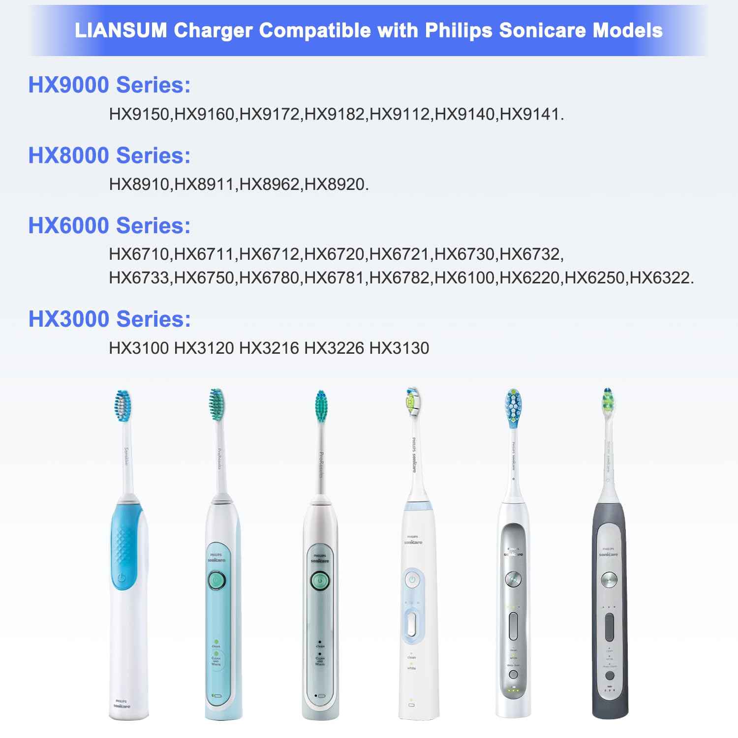 LIANSUM Charger Base Compatible with Philips Sonicare Electric Toothbrush HX6100, Flosser, HX9000/HX8000/ HX6000/HX3000 Series Portable Waterproof Travel Charging Power Cord