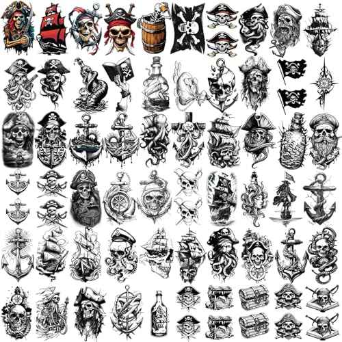 77 Sheets Temporary Tattoo, 17 Sheets Half Arm Pirate Captain Skull Compass Fake Tattoos for Women Men, 60 Sheets Pirate Anchor Sword Flag Realistic Tiny for Adult Kids Body Tattoos Stickers