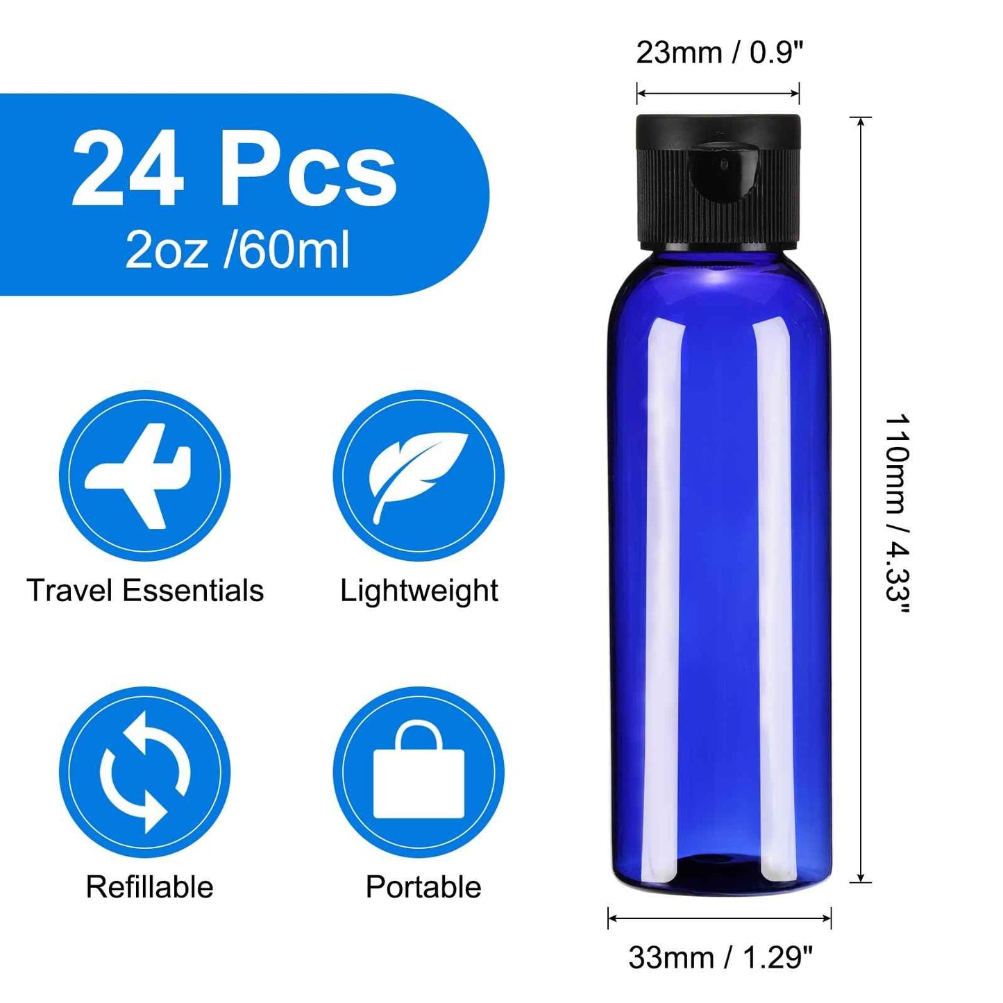 uxcell 2oz Plastic Bottles with Flip Caps, 24 Pcs Reusable Travel Size Containers with Lids Plastic Squeeze Refillable Dispensing Bottles for Shampoo, Body Soap, Toner(Blue Black)