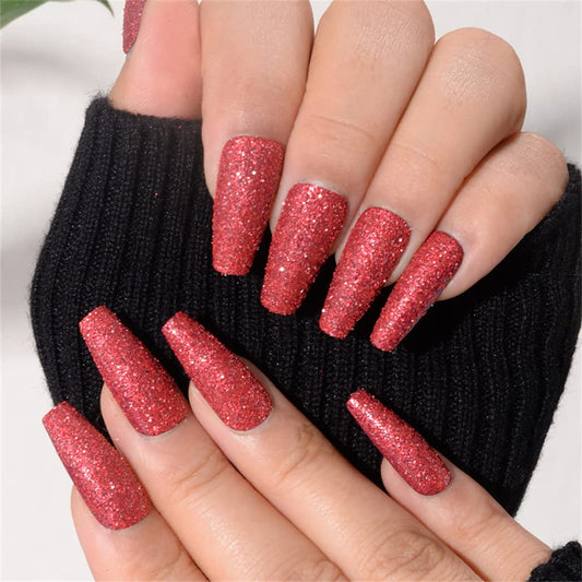 Sparkly Shiny Long Coffin Press On False Nails Medium Length Full Cover Acrylic Fake Nails Ballerina Nails for Women Lady Fashion Nails for Nail Salons and Home DIY Nail Art 24PCS (BKS1215 Red)