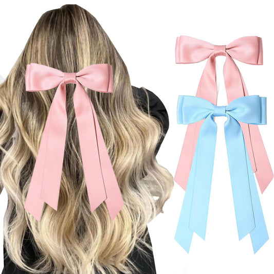 Hair Bows 2 PCS Bow Hair Clips,Ribbon Hair Bows for Women, Long-tail Cute Hair Accessories,Large Hair Barrettes for Women and Girls(Pink and Blue)