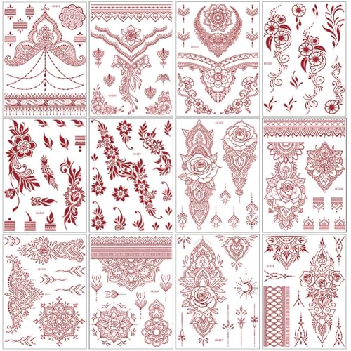 12pcs Brown Henna Temporary Tattoo Stickers, Waterproof Lace