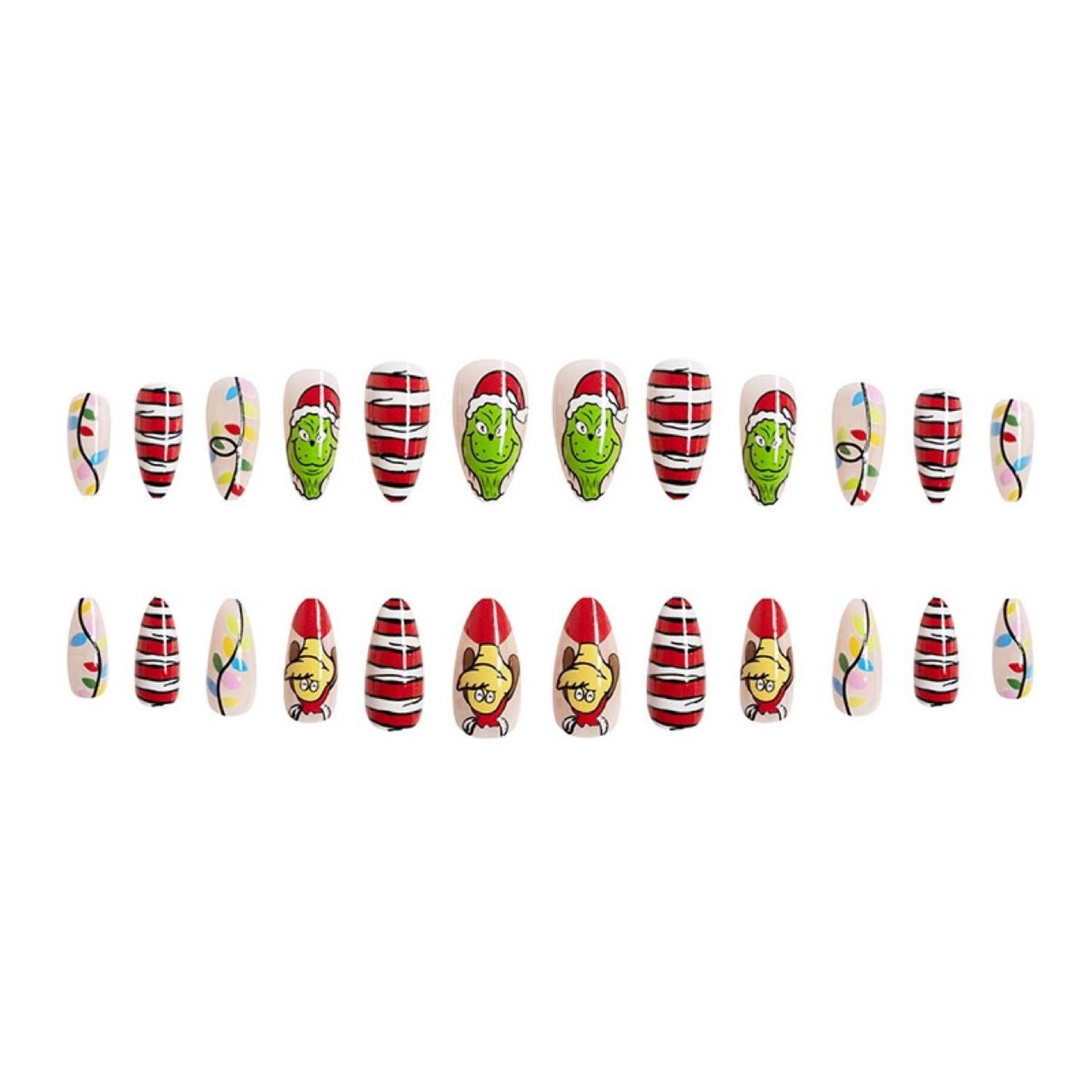 Christmas Press on Nails Almond Medium Fake Nails Cute Cartoon Grinchs Stick on Nails False Nails with Designs Acrylic Nails Winter Xmas Glue on Nails Full Cover Holiday Artificial Nails for Women