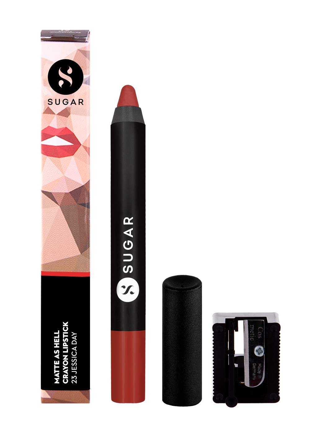 SUGAR Cosmetics Matte As Hell Crayon Lipstick With Free Sharpner, Long Lasting Matte Lip Crayon - 23 Jessica Day (Dusty Coral), 2.8 g