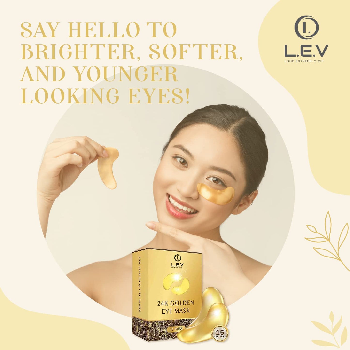 Look extremely vip LEV - 24K Gold Eye Mask for Puffy Eyes & Dark Circles - Refreshing Treatment to Reduce Fatigue, Wrinkles, and Puffiness - 15 Pairs of Eye Mask Skincare