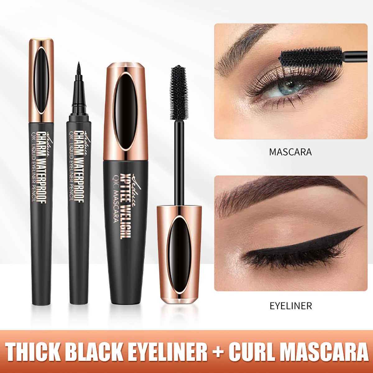 4D Silk Fiber Lash Mascara & Eyeliner Pen, Extension Voluminous Fiber Mascara Waterproof & Smudge-Proof Eyeliner, Long-Lasting No Flaking Natural No Clumping, All Day Exquisitely Full