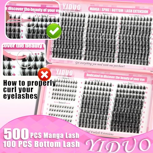 580Pcs Manga Lash Clusters Kit with Bottom Eyelash Extensions Natural Anime+100D/150D Spikes Clusters Lashes Extensions Kit Wispy D Curl Manga Cosplay DIY Lash Extensions with Bond and Seal by YIDUO