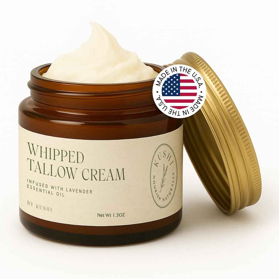 KUSHI Grass-Fed Whipped Tallow Cream Moisturizer for Face & Body – Organic Lavender – Vitamins A, D, E, K – Paraben & Sulfate Free, All-Natural Skin Care – 1.3oz