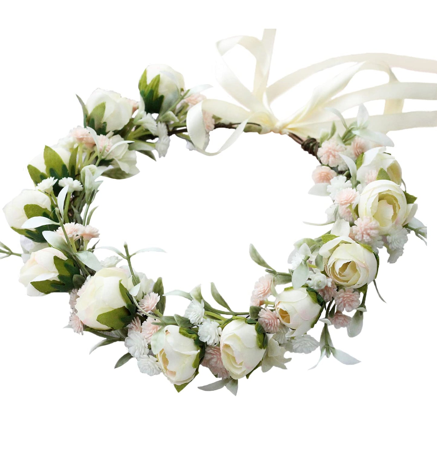 Trepveter Floral Crown, Adjustable Size Floral Headband Simulation Flower, Polyester Leaves and Flowers, Satin Ribbon, Boho Maternity Photo Props, Wedding Party Prom, White, 1 Count