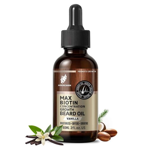 aokur Biotin Beard Growth Oil for Men - Vitamin B5 & Castor Oil Formula, Promote Thicker Fuller Beard, Daily Care, Styling & Taming, Hydrating, Lightweight Non-Greasy, Vanilla 2oz Gift for Him