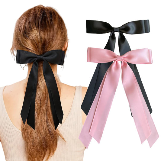 Women Hair Bow Clips 2 Pcs, Cute Silky Satin Hair Bowknot Clips Hairclips Double Ribbon Tassel Ponytail Holder Accessories, Hair Bow Barrettes Clips for Girls Toddlers Teens Kids Gifts, Black+Pink