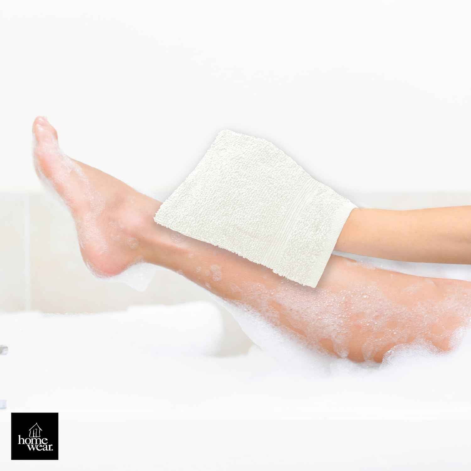 Homewear High Rise Stripe 6 Pack 6 x 8.5 Wash Mitt Set, Low Twist, Highly Absorbent, Gentle Hand and Face Cloth, European Style with Loop, White