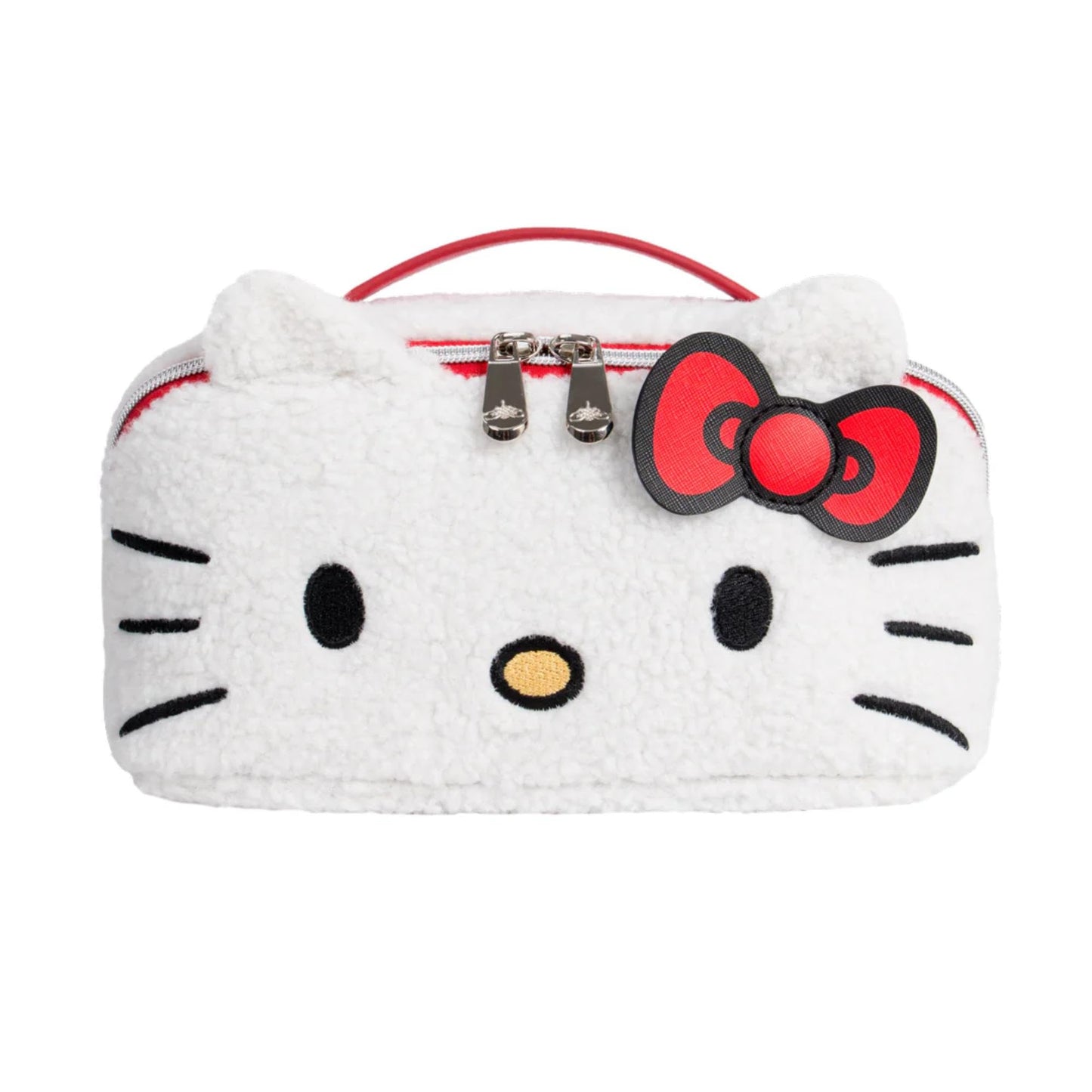 Impressions Vanity Hello Kitty Unfold Travel Makeup Bag Organizer, Opens Flat Zippered Cosmetic Bag with Cozy Sherpa Fabric Texture, Dual Compartments, Inner Pockets, Top Carrying Handle